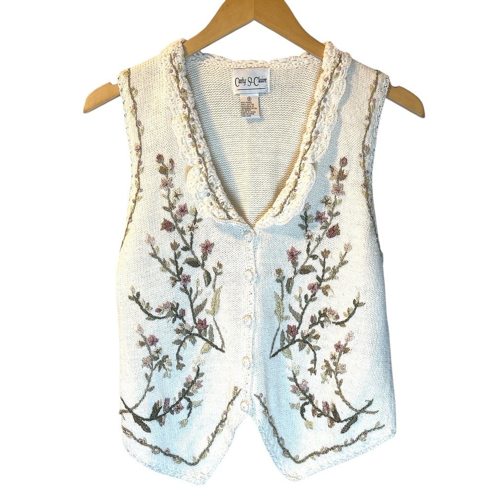Carly St Claire Womens White Floral Embroidered Knit Vest Cottagecore Size Small